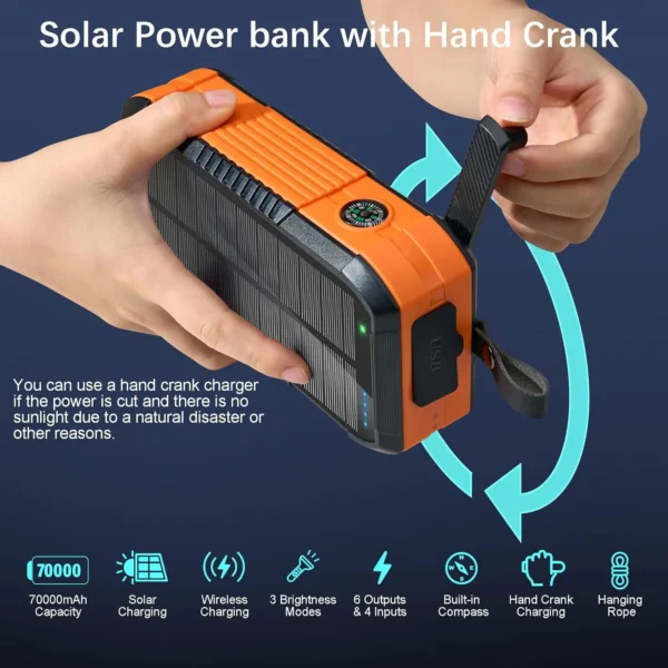 BATERIA DE 70.000 MAH 70000mAh Power Bank Solar con 30W Carga Inalámbrica:
